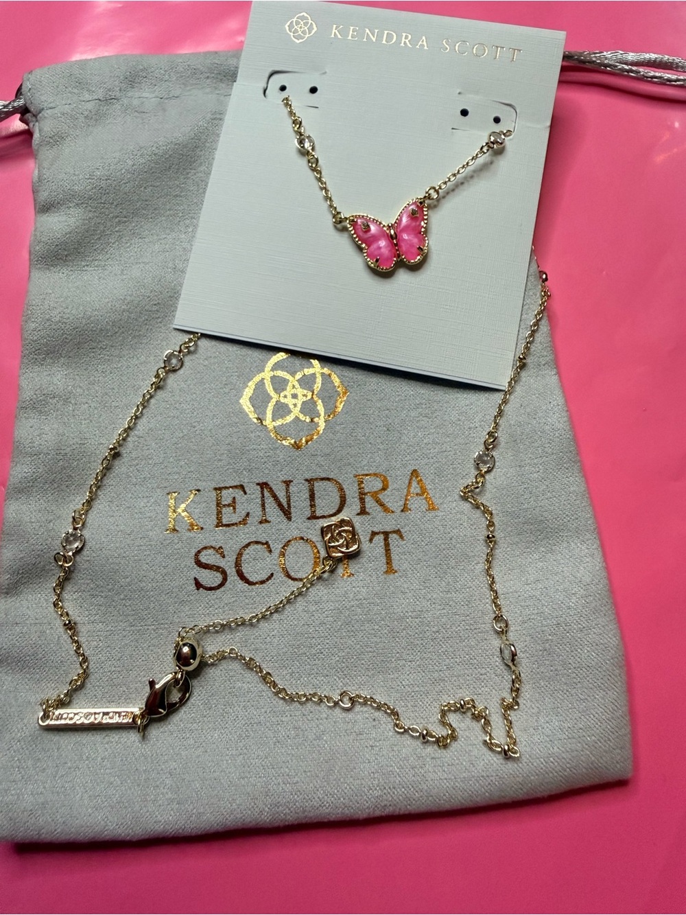 Kendra Scott Gold Necklace with Hot Pink Butterfly Pendant